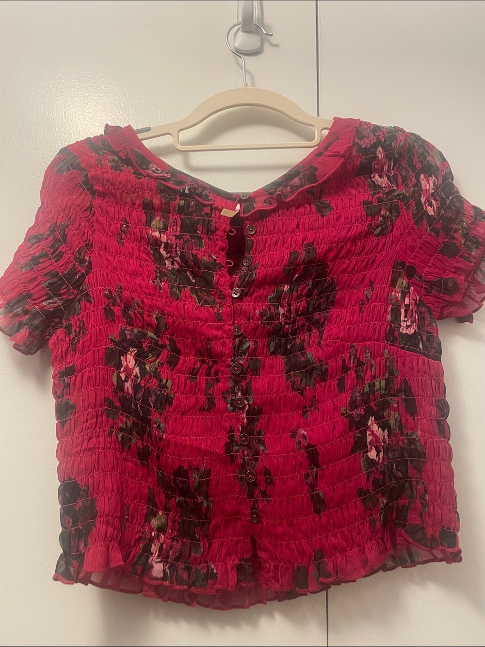Free People Red Floral Smocked Button-Up Blouse